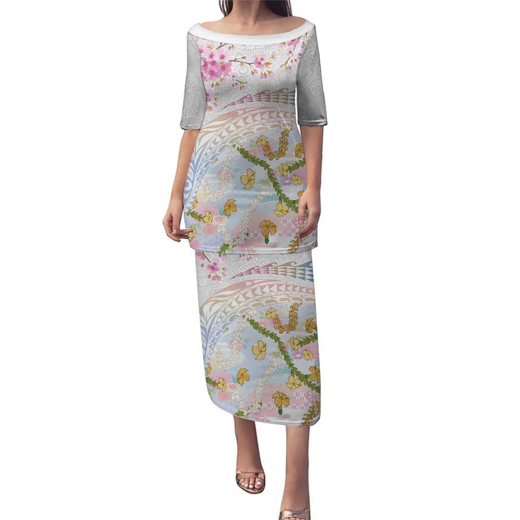 Hawaiian and Japanese Culture Together Puletasi Tribal Motifs with Lei and Japanese Sakura Pattern