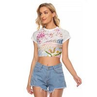 Hawaiian and Japanese Culture Together Raglan Cropped T Shirt Tribal Motifs with Lei and Japanese Sakura Pattern LT03 Female White - Polynesian Pride