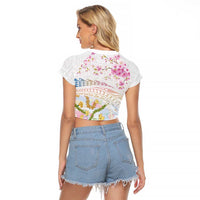 Hawaiian and Japanese Culture Together Raglan Cropped T Shirt Tribal Motifs with Lei and Japanese Sakura Pattern LT03 - Polynesian Pride