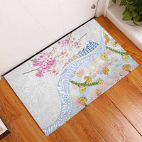 Hawaiian and Japanese Culture Together Rubber Doormat Tribal Motifs with Lei and Japanese Sakura Pattern