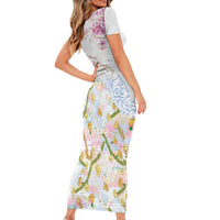 Hawaiian and Japanese Culture Together Short Sleeve Bodycon Dress Tribal Motifs with Lei and Japanese Sakura Pattern LT03 - Polynesian Pride