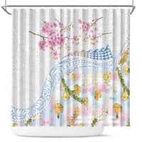 Hawaiian and Japanese Culture Together Shower Curtain Tribal Motifs with Lei and Japanese Sakura Pattern LT03 White - Polynesian Pride