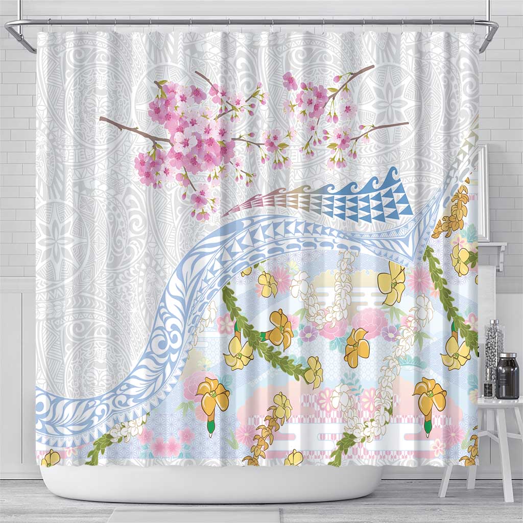 Hawaiian and Japanese Culture Together Shower Curtain Tribal Motifs with Lei and Japanese Sakura Pattern LT03 - Polynesian Pride