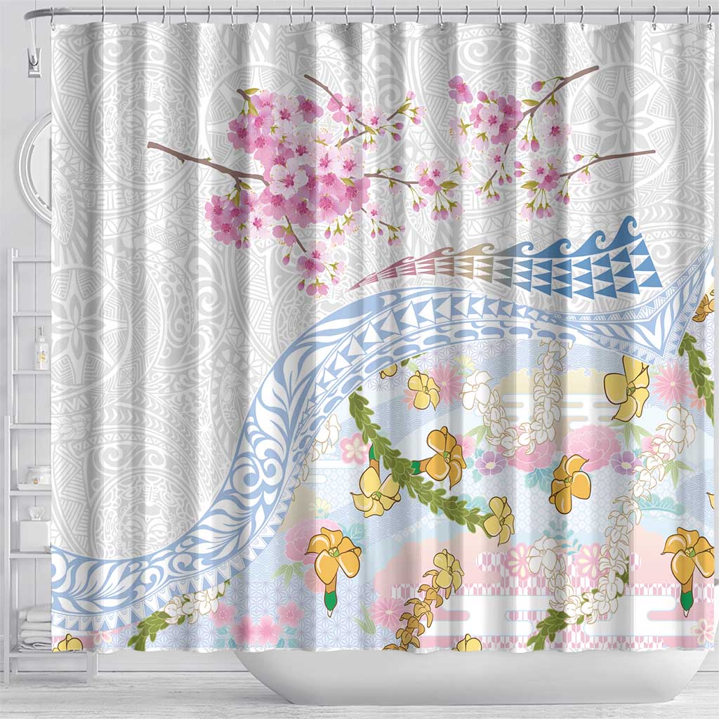 Hawaiian and Japanese Culture Together Shower Curtain Tribal Motifs with Lei and Japanese Sakura Pattern LT03 - Polynesian Pride