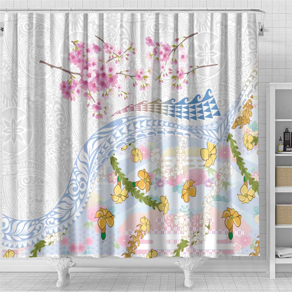 Hawaiian and Japanese Culture Together Shower Curtain Tribal Motifs with Lei and Japanese Sakura Pattern LT03 - Polynesian Pride