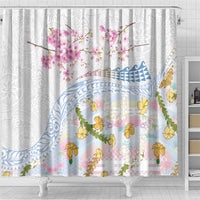Hawaiian and Japanese Culture Together Shower Curtain Tribal Motifs with Lei and Japanese Sakura Pattern LT03 - Polynesian Pride