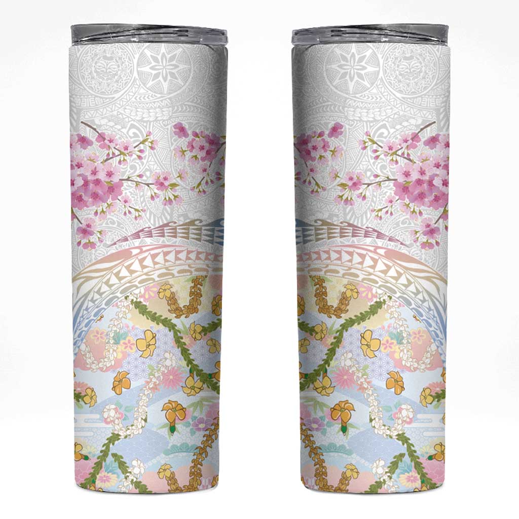 Hawaiian and Japanese Culture Together Skinny Tumbler Tribal Motifs with Lei and Japanese Sakura Pattern LT03 White - Polynesian Pride