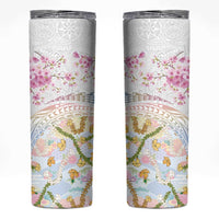 Hawaiian and Japanese Culture Together Skinny Tumbler Tribal Motifs with Lei and Japanese Sakura Pattern LT03 White - Polynesian Pride