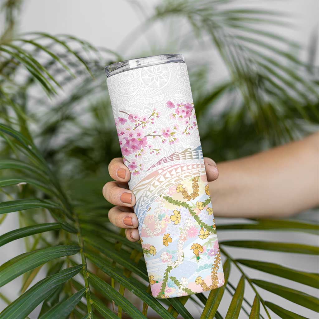 Hawaiian and Japanese Culture Together Skinny Tumbler Tribal Motifs with Lei and Japanese Sakura Pattern LT03 - Polynesian Pride