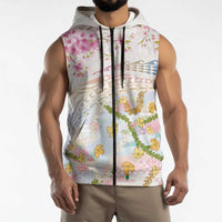 Hawaiian and Japanese Culture Together Sleeveless Zip Hoodie Tribal Motifs with Lei and Japanese Sakura Pattern LT03 - Polynesian Pride