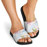 Hawaiian and Japanese Culture Together Slide Sandals Tribal Motifs with Lei and Japanese Sakura Pattern