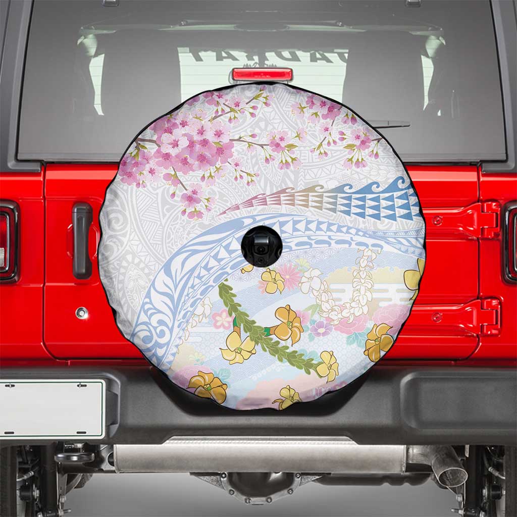 Hawaiian and Japanese Culture Together Spare Tire Cover Tribal Motifs with Lei and Japanese Sakura Pattern LT03 - Polynesian Pride