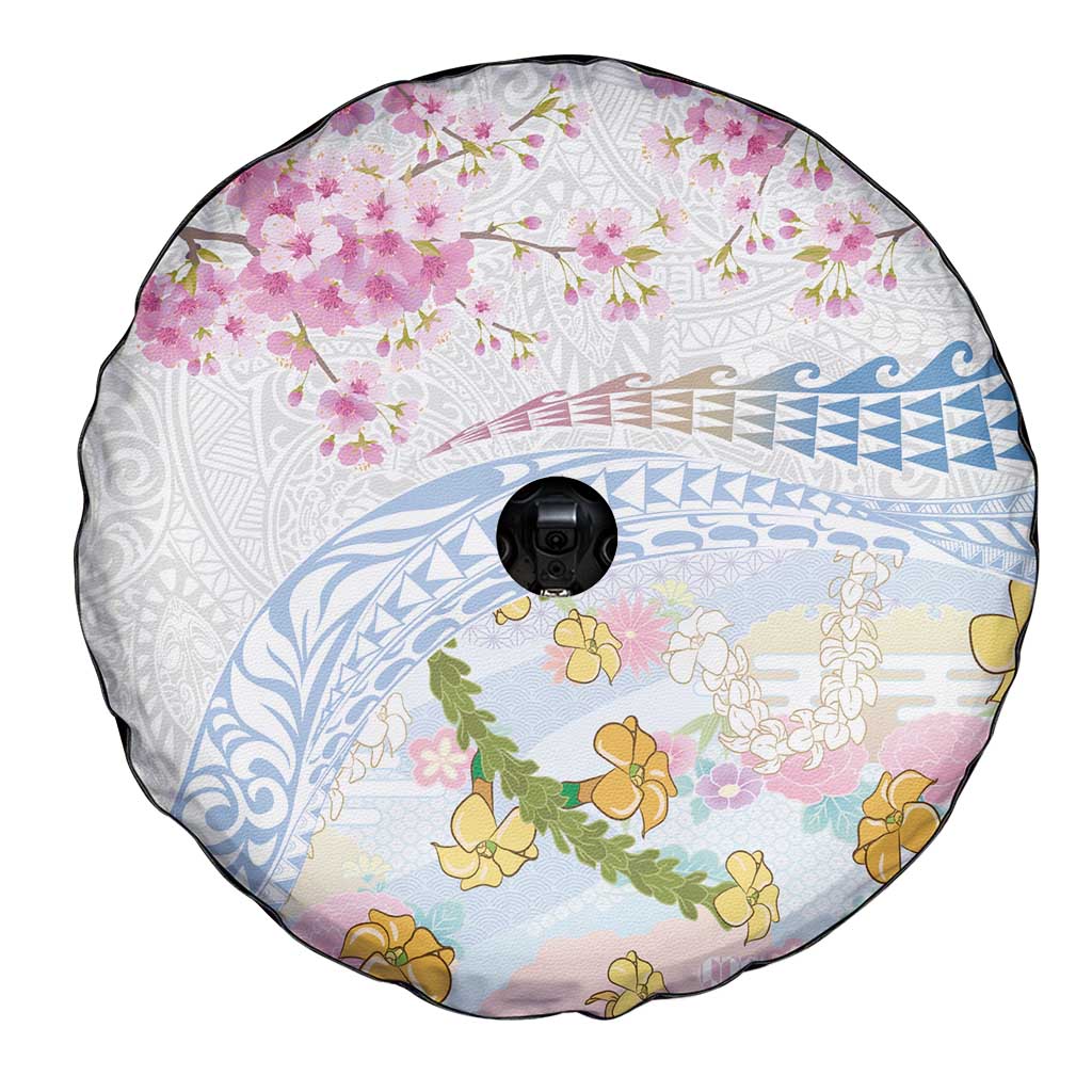 Hawaiian and Japanese Culture Together Spare Tire Cover Tribal Motifs with Lei and Japanese Sakura Pattern LT03 - Polynesian Pride