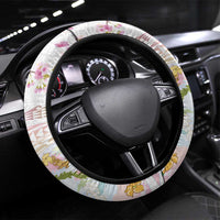 Hawaiian and Japanese Culture Together Steering Wheel Cover Tribal Motifs with Lei and Japanese Sakura Pattern LT03 Universal Fit White - Polynesian Pride
