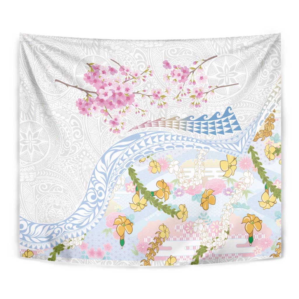 Hawaiian and Japanese Culture Together Tapestry Tribal Motifs with Lei and Japanese Sakura Pattern
