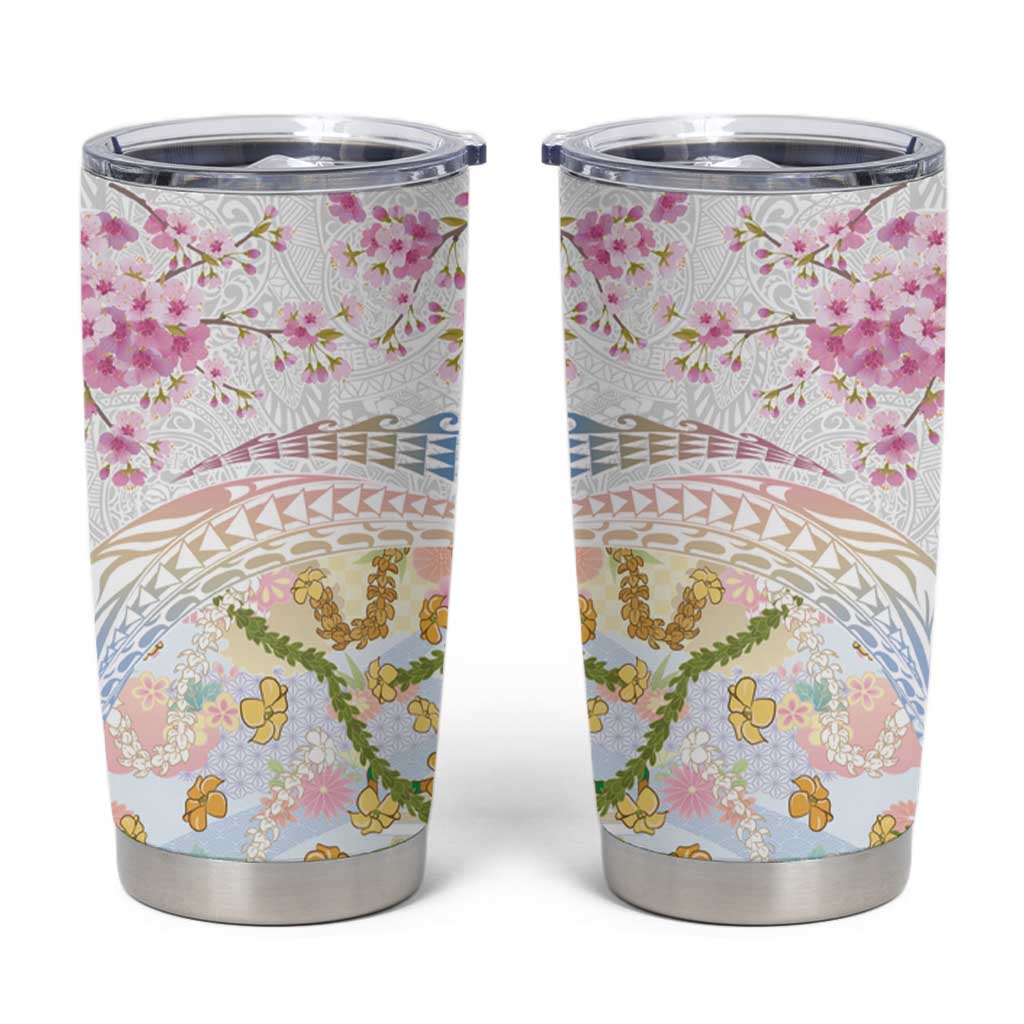 Hawaiian and Japanese Culture Together Tumbler Cup Tribal Motifs with Lei and Japanese Sakura Pattern LT03 White - Polynesian Pride
