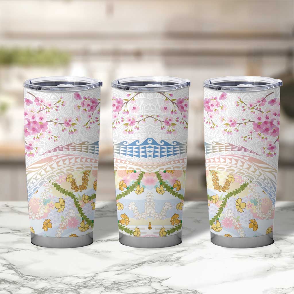 Hawaiian and Japanese Culture Together Tumbler Cup Tribal Motifs with Lei and Japanese Sakura Pattern LT03 - Polynesian Pride