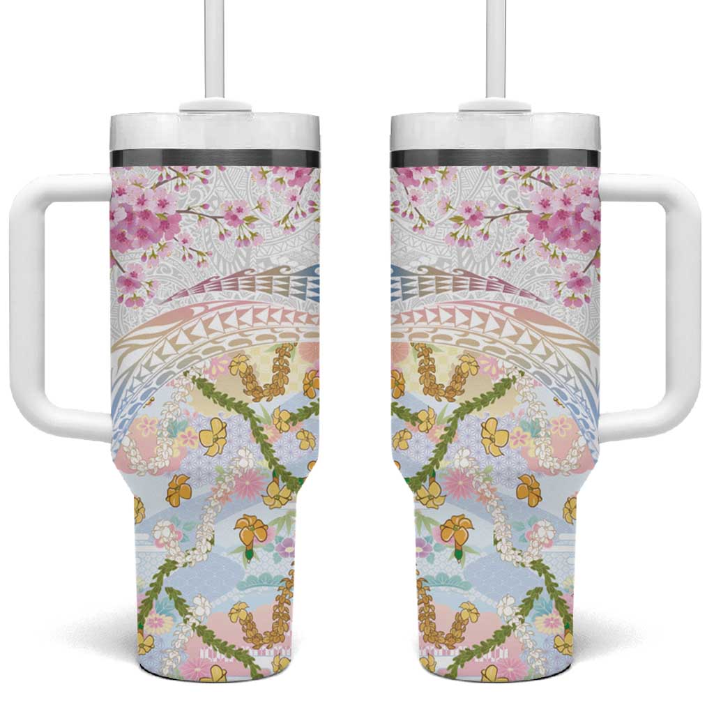 Hawaiian and Japanese Culture Together Tumbler With Handle Tribal Motifs with Lei and Japanese Sakura Pattern LT03 One Size: 40 oz White - Polynesian Pride