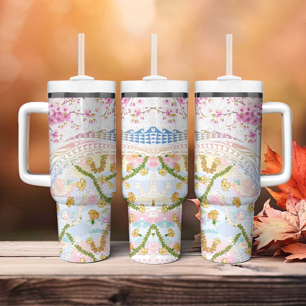 Hawaiian and Japanese Culture Together Tumbler With Handle Tribal Motifs with Lei and Japanese Sakura Pattern LT03 - Polynesian Pride