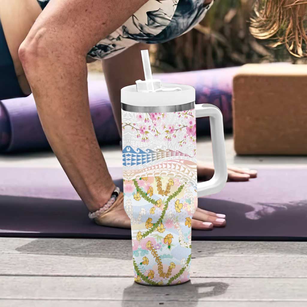 Hawaiian and Japanese Culture Together Tumbler With Handle Tribal Motifs with Lei and Japanese Sakura Pattern LT03 - Polynesian Pride