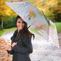 Hawaiian and Japanese Culture Together Umbrella Tribal Motifs with Lei and Japanese Sakura Pattern