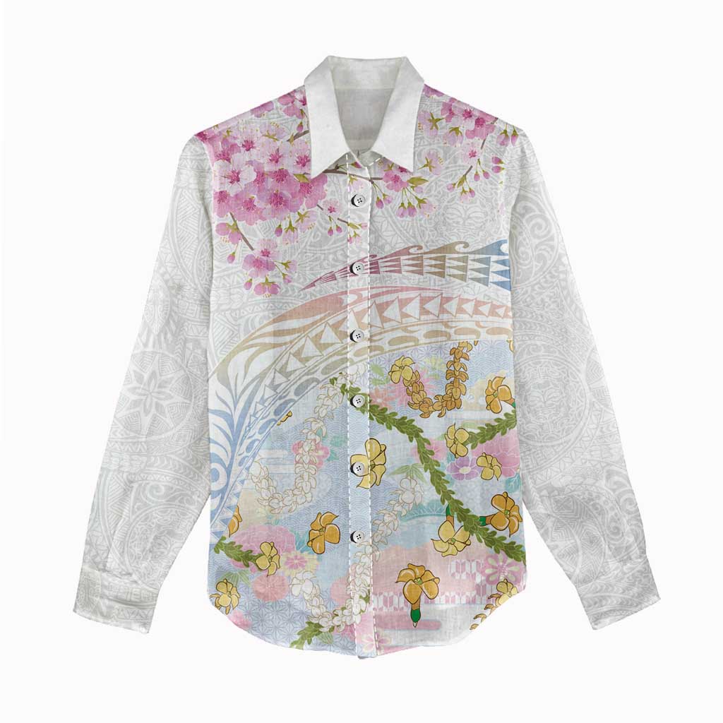 Hawaiian and Japanese Culture Together Women Casual Shirt Tribal Motifs with Lei and Japanese Sakura Pattern LT03 - Polynesian Pride
