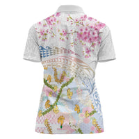 Hawaiian and Japanese Culture Together Women Polo Shirt Tribal Motifs with Lei and Japanese Sakura Pattern LT03 - Polynesian Pride