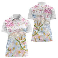 Hawaiian and Japanese Culture Together Women Polo Shirt Tribal Motifs with Lei and Japanese Sakura Pattern LT03 - Polynesian Pride