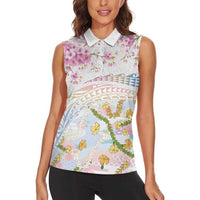 Hawaiian and Japanese Culture Together Women Sleeveless Polo Shirt Tribal Motifs with Lei and Japanese Sakura Pattern LT03 - Polynesian Pride