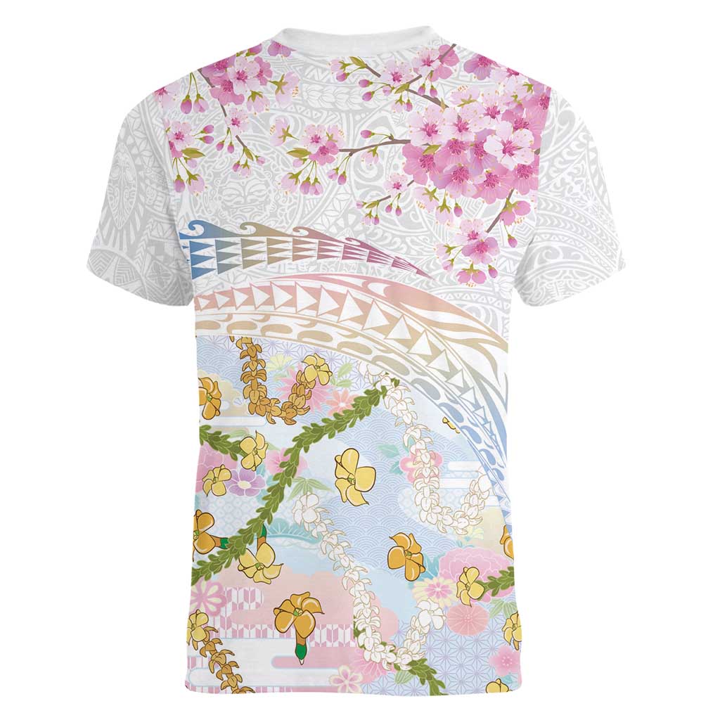 Hawaiian and Japanese Culture Together Women V-Neck T-Shirt Tribal Motifs with Lei and Japanese Sakura Pattern LT03 - Polynesian Pride