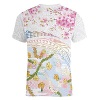 Hawaiian and Japanese Culture Together Women V-Neck T-Shirt Tribal Motifs with Lei and Japanese Sakura Pattern LT03 - Polynesian Pride