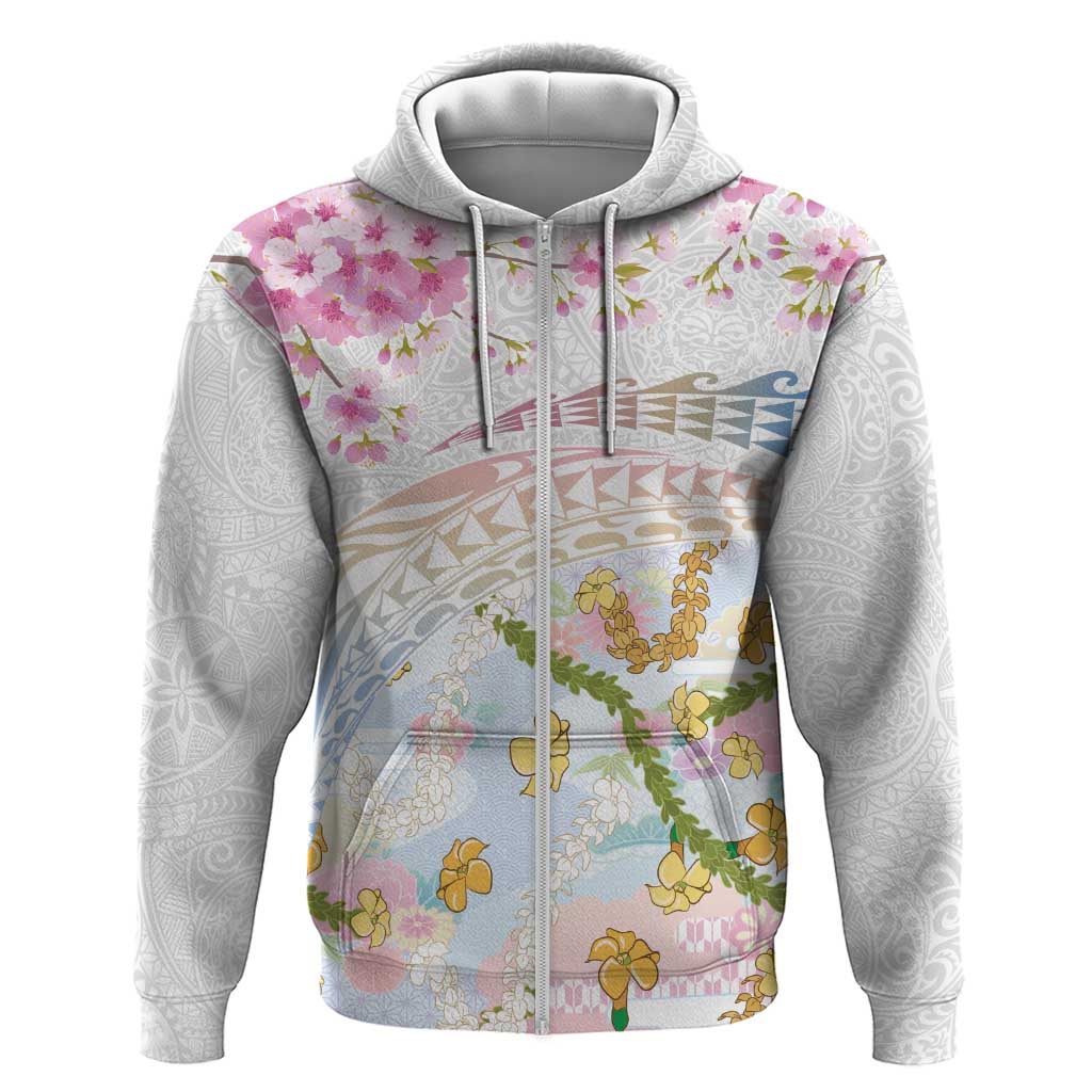 Hawaiian and Japanese Culture Together Zip Hoodie Tribal Motifs with Lei and Japanese Sakura Pattern
