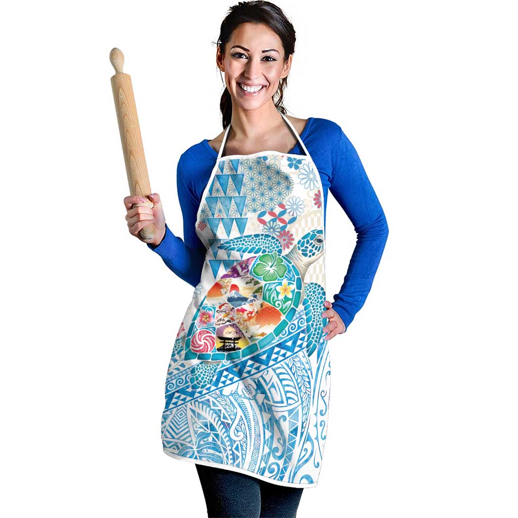 Hawaiian and Japanese Culture Together Apron Tropical Honu with Japanese Elements Blue Color