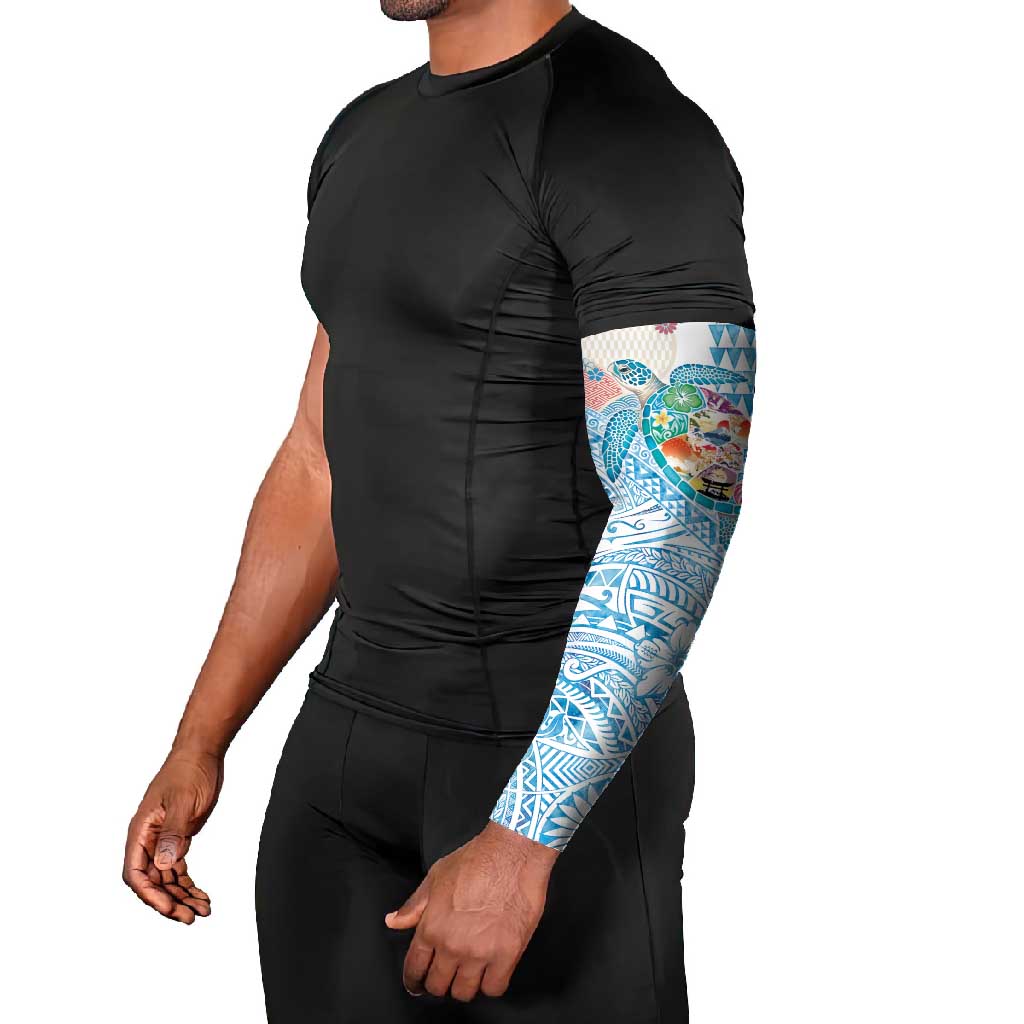 Hawaiian and Japanese Culture Together Arm Sleeves Tropical Honu with Japanese Elements Blue Color