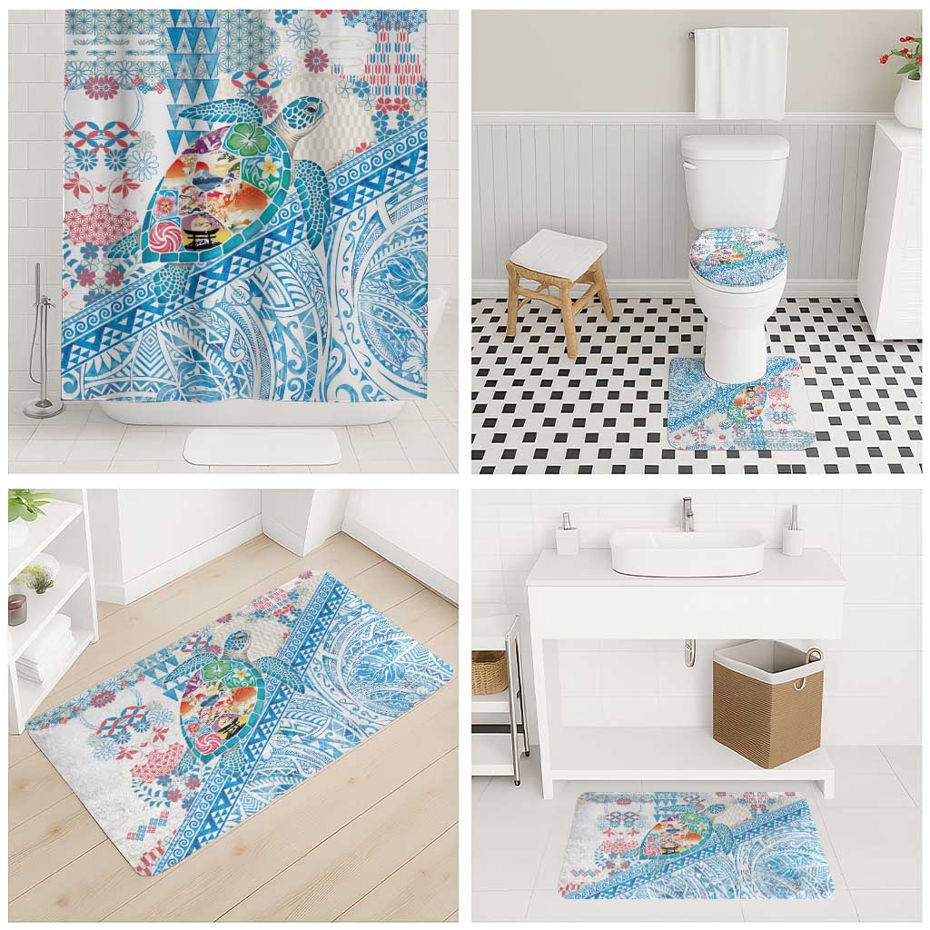 Hawaiian and Japanese Culture Together Bathroom Set Tropical Honu with Japanese Elements Blue Color