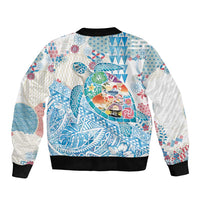 Hawaiian and Japanese Culture Together Bomber Jacket Tropical Honu with Japanese Elements Blue Color