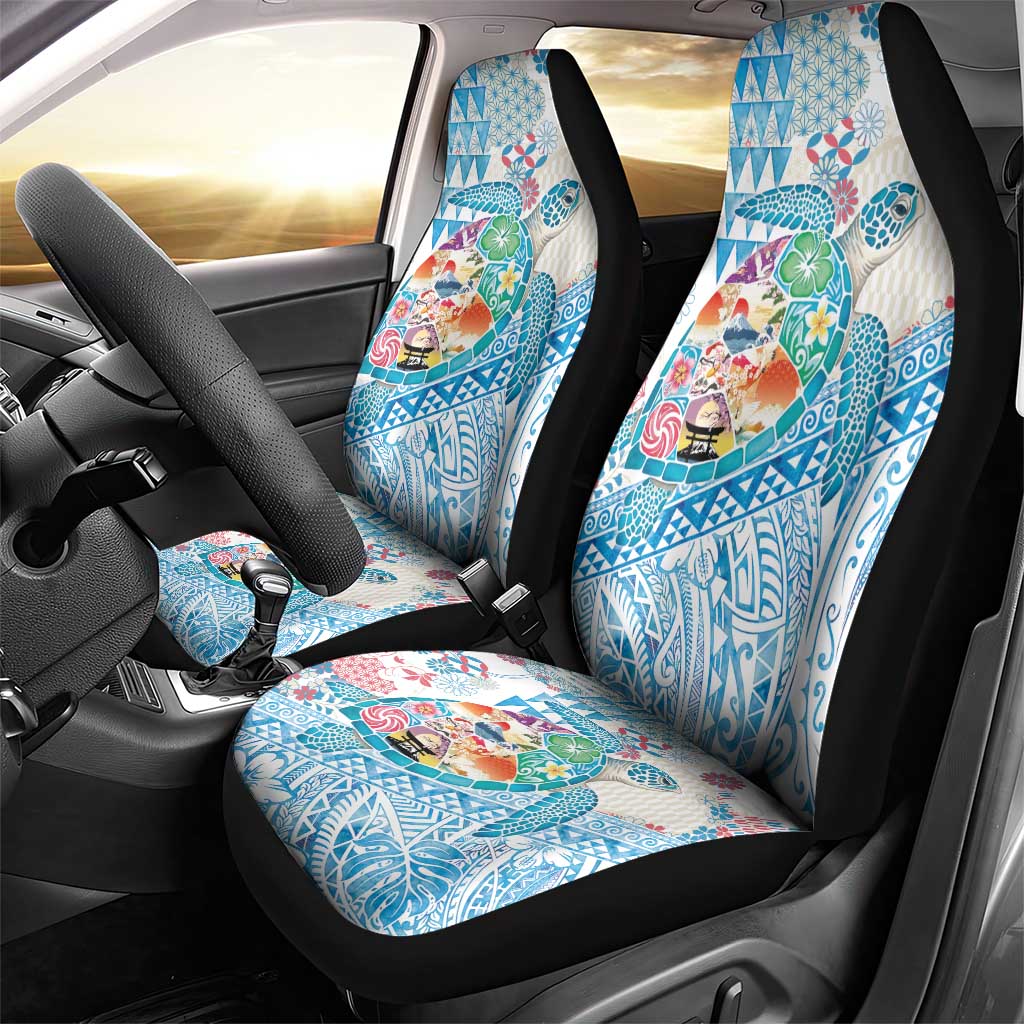 Hawaiian and Japanese Culture Together Car Seat Cover Tropical Honu with Japanese Elements Blue Color LT03 - Polynesian Pride