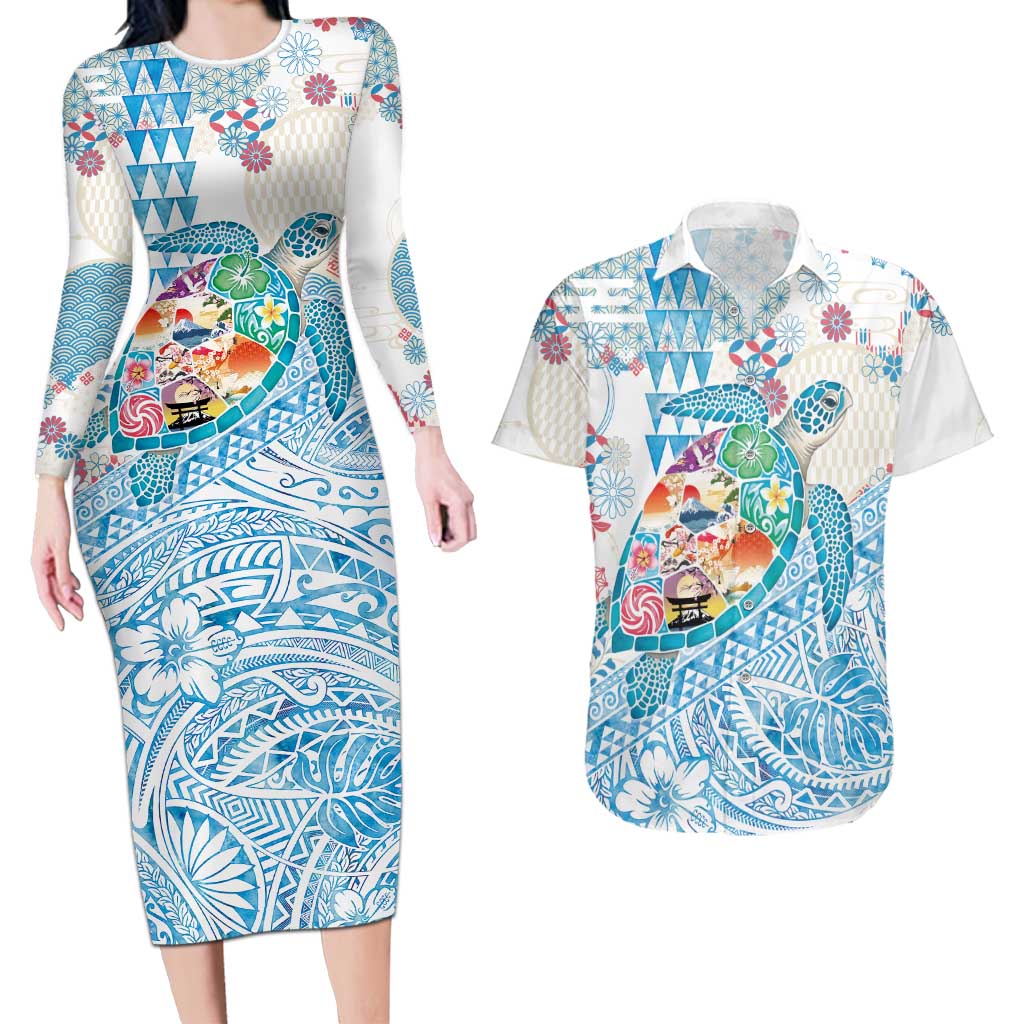 Hawaiian and Japanese Culture Together Couples Matching Long Sleeve Bodycon Dress and Hawaiian Shirt Tropical Honu with Japanese Elements Blue Color LT03 Blue - Polynesian Pride