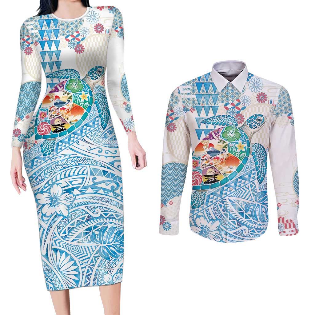 Hawaiian and Japanese Culture Together Couples Matching Long Sleeve Bodycon Dress and Long Sleeve Button Shirt Tropical Honu with Japanese Elements Blue Color LT03 Blue - Polynesian Pride