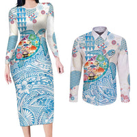 Hawaiian and Japanese Culture Together Couples Matching Long Sleeve Bodycon Dress and Long Sleeve Button Shirt Tropical Honu with Japanese Elements Blue Color LT03 Blue - Polynesian Pride