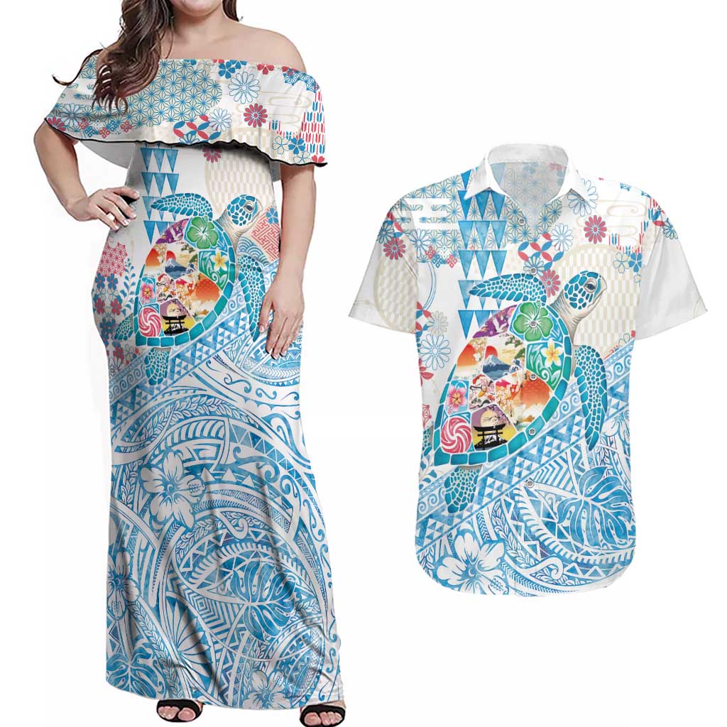 Hawaiian and Japanese Culture Together Couples Matching Off Shoulder Maxi Dress and Hawaiian Shirt Tropical Honu with Japanese Elements Blue Color LT03 Blue - Polynesian Pride
