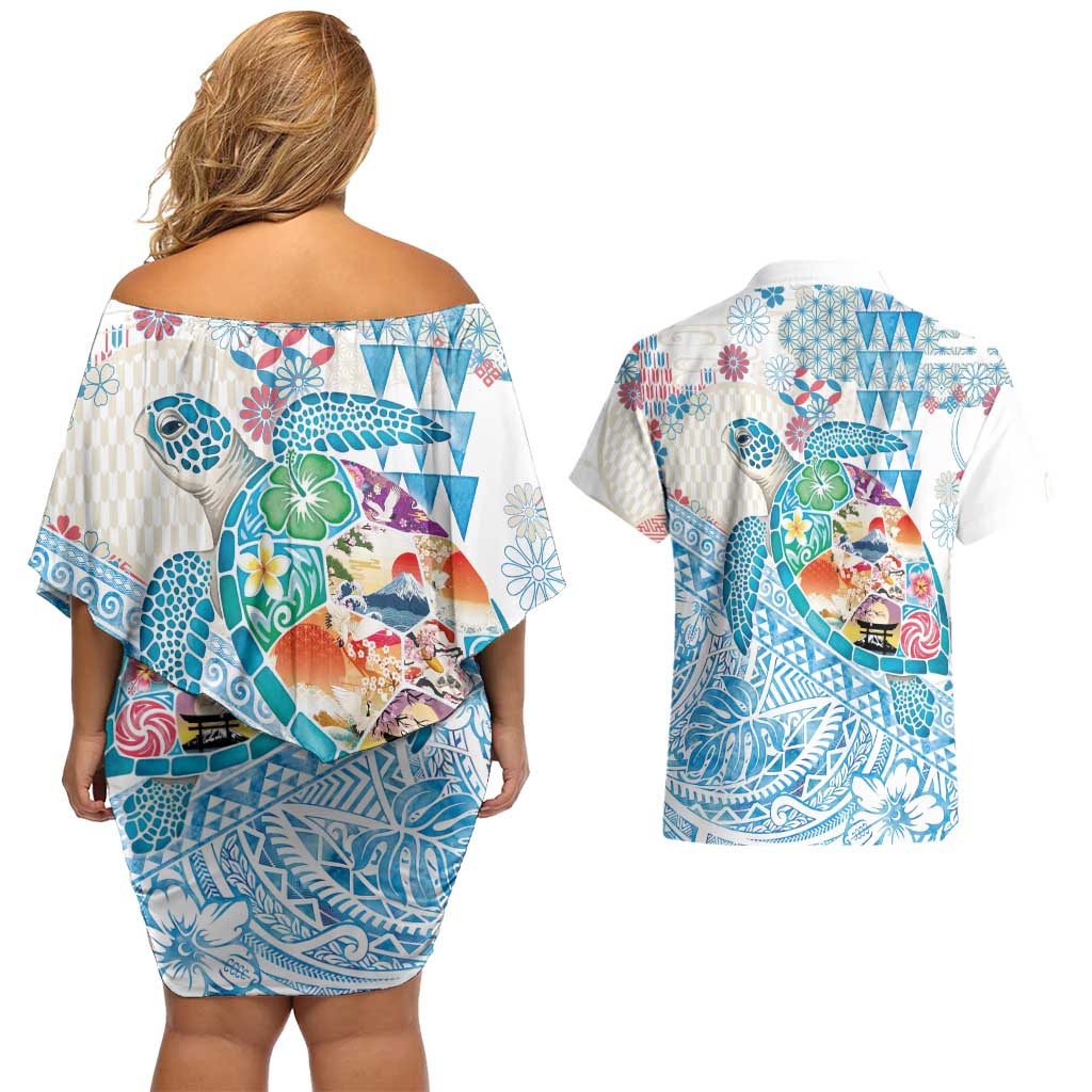 Hawaiian and Japanese Culture Together Couples Matching Off Shoulder Short Dress and Hawaiian Shirt Tropical Honu with Japanese Elements Blue Color LT03 - Polynesian Pride