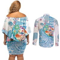 Hawaiian and Japanese Culture Together Couples Matching Off Shoulder Short Dress and Long Sleeve Button Shirt Tropical Honu with Japanese Elements Blue Color LT03 - Polynesian Pride