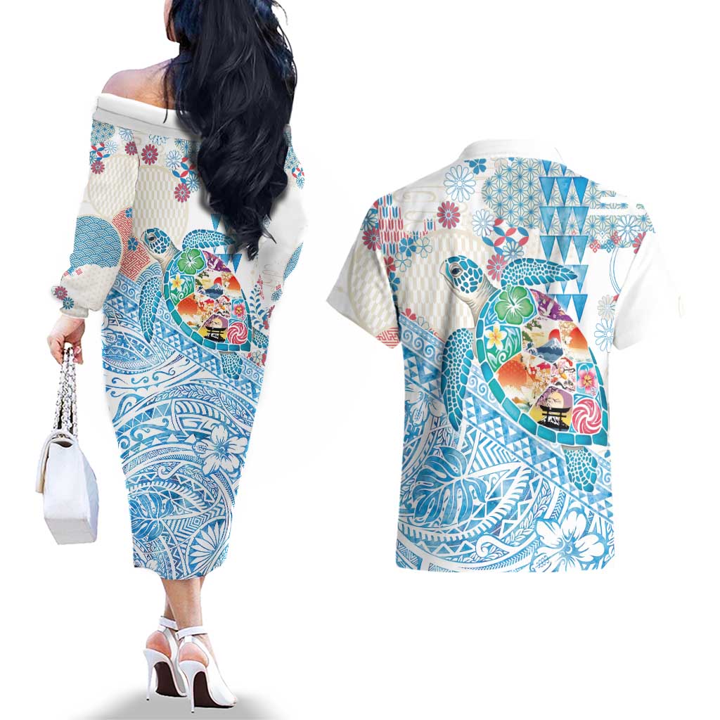 Hawaiian and Japanese Culture Together Couples Matching Off The Shoulder Long Sleeve Dress and Hawaiian Shirt Tropical Honu with Japanese Elements Blue Color LT03 - Polynesian Pride