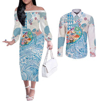 Hawaiian and Japanese Culture Together Couples Matching Off The Shoulder Long Sleeve Dress and Long Sleeve Button Shirt Tropical Honu with Japanese Elements Blue Color LT03 Blue - Polynesian Pride