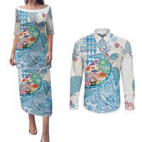 Hawaiian and Japanese Culture Together Couples Matching Puletasi and Long Sleeve Button Shirt Tropical Honu with Japanese Elements Blue Color LT03 Blue - Polynesian Pride