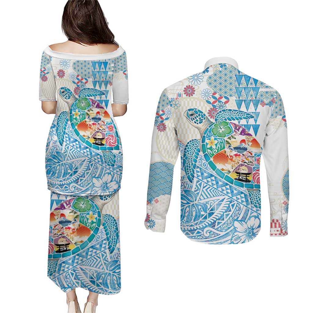 Hawaiian and Japanese Culture Together Couples Matching Puletasi and Long Sleeve Button Shirt Tropical Honu with Japanese Elements Blue Color LT03 - Polynesian Pride