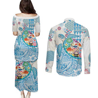 Hawaiian and Japanese Culture Together Couples Matching Puletasi and Long Sleeve Button Shirt Tropical Honu with Japanese Elements Blue Color LT03 - Polynesian Pride
