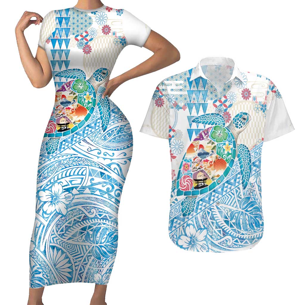 Hawaiian and Japanese Culture Together Couples Matching Short Sleeve Bodycon Dress and Hawaiian Shirt Tropical Honu with Japanese Elements Blue Color LT03 Blue - Polynesian Pride