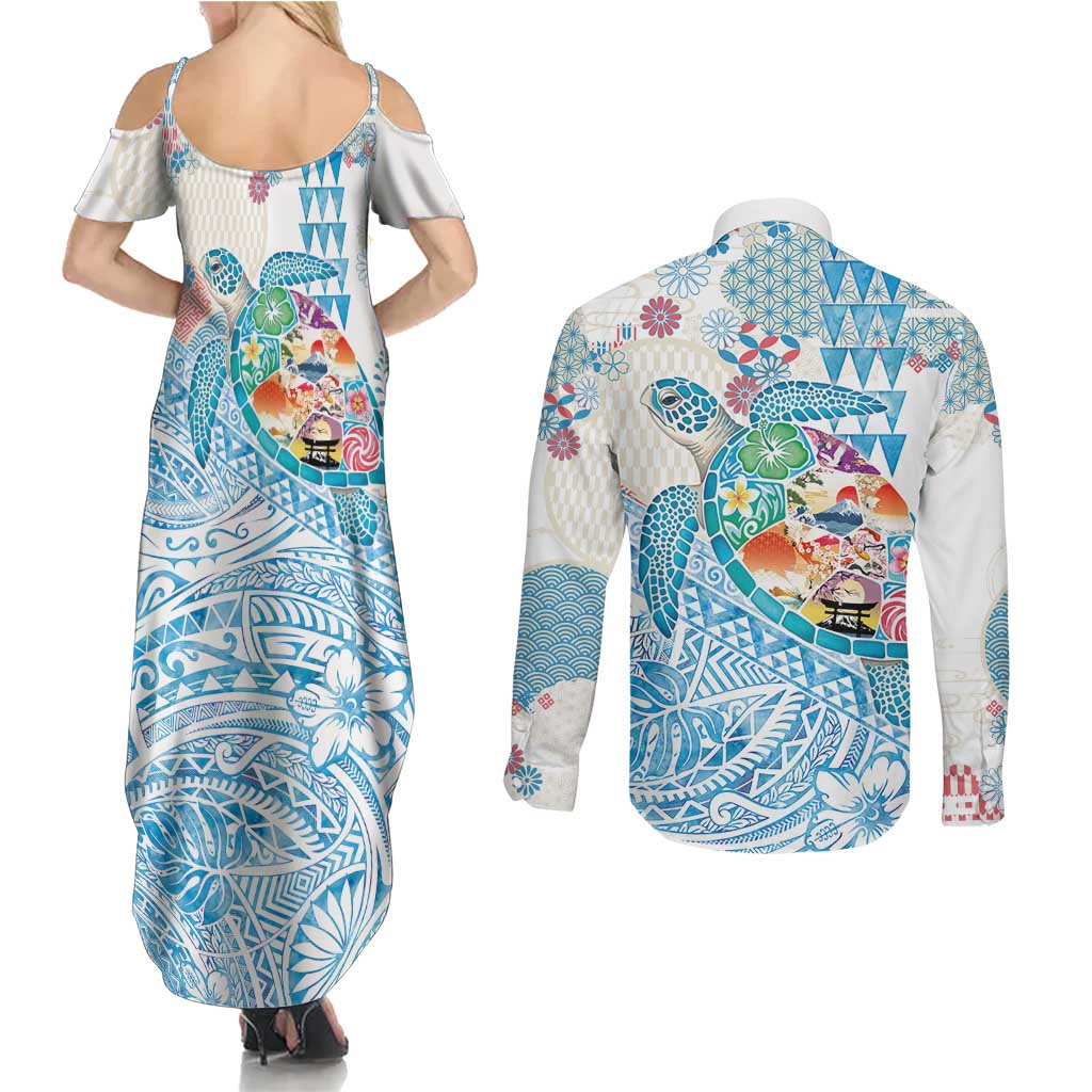 Hawaiian and Japanese Culture Together Couples Matching Summer Maxi Dress and Long Sleeve Button Shirt Tropical Honu with Japanese Elements Blue Color LT03 - Polynesian Pride